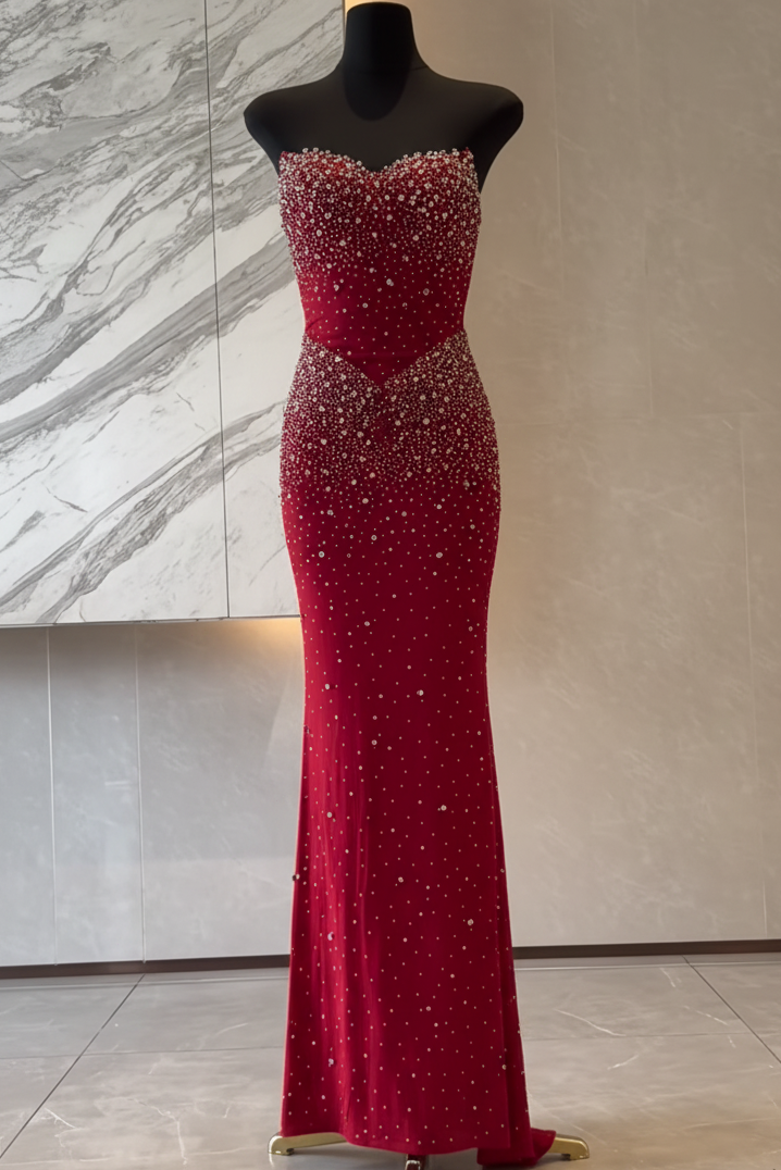 Sweetheart Sleeveless Tulle Mermaid Prom Dress Sleeveless Rhinestone Beaded Evening Gowns