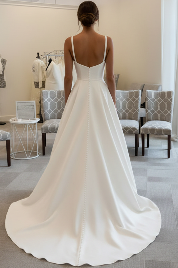 V-Neck Spaghetti Straps Sleeveless Satin Simple A-Line Wedding Dress with Train