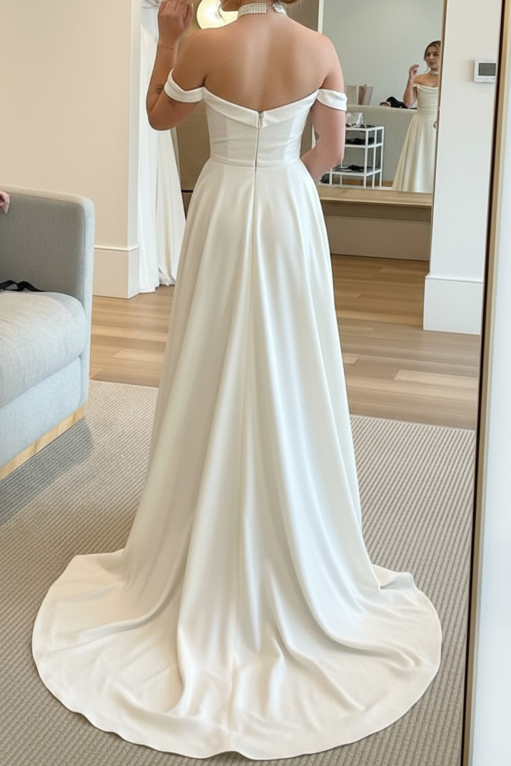 Bateau-Neck Off-Shoulder Sleeveless Satin Pleated A-Line Wedding Dress with Train