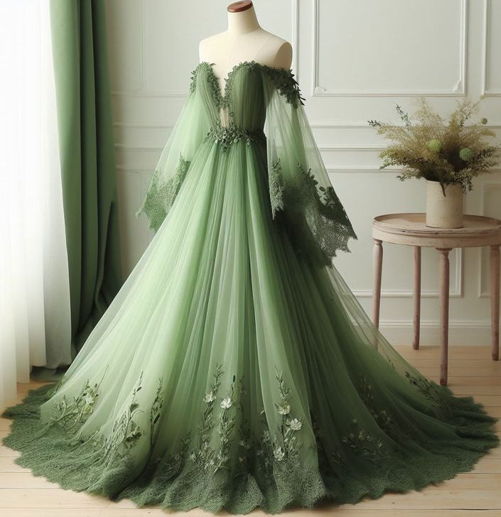 Plunging V-Neck Long-Sleeves Floral Embellished Applique Tulle Pleated A-Line Wedding Dress