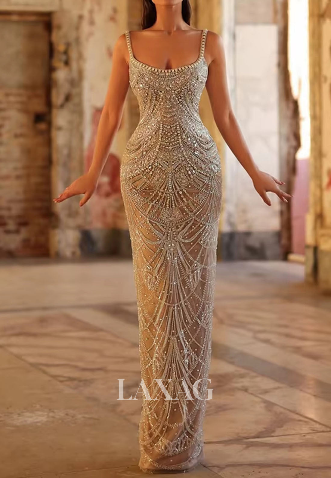 Scoop-Neck Spaghetti Straps Sleeveless Prom Dress Fully Sequined Beade Laxag Scoop-Neck Spaghetti Straps Sleeveless Prom Dress Fully Sequined Beade Laxag