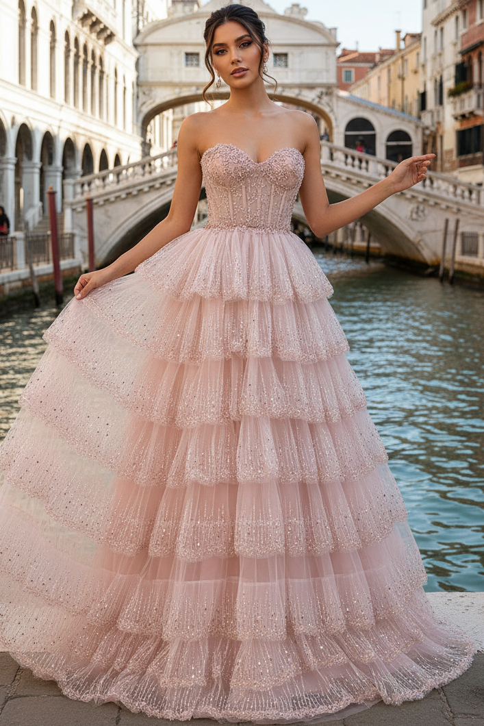 Off-Shoulder Sweetheart Sleeveless Fully Sequined Tulle Pleated Ruffled Tiered A-Line Prom Dress