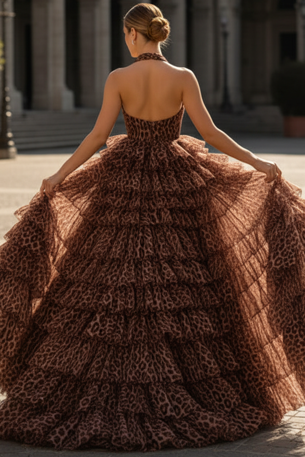 Halter Deep V-Neck Sleeveless Print-Chiffon Pleated Ruffled Tiered A-Line Prom Dress