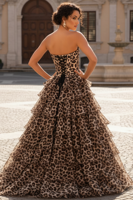 Sweetheart Sleeveless Applique Leopard Print Chiffon Pleated Ruffled Tiered A-Line Prom Dress
