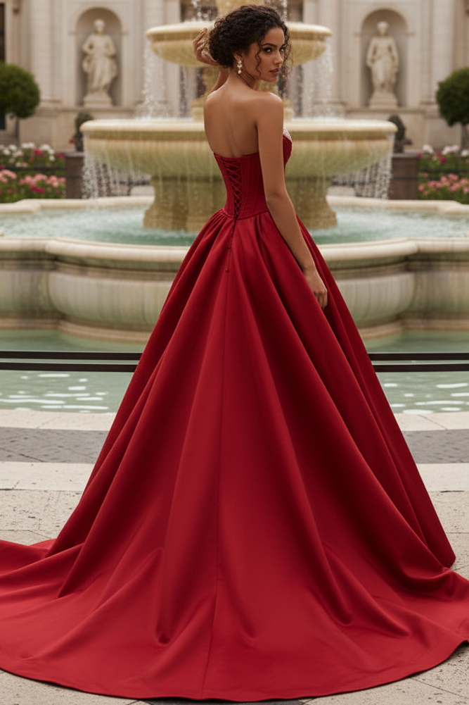 Simple Sweetheart Off-Shoulder Sleeveless Beaded Satin Pleated A-Line Prom Dress with Train