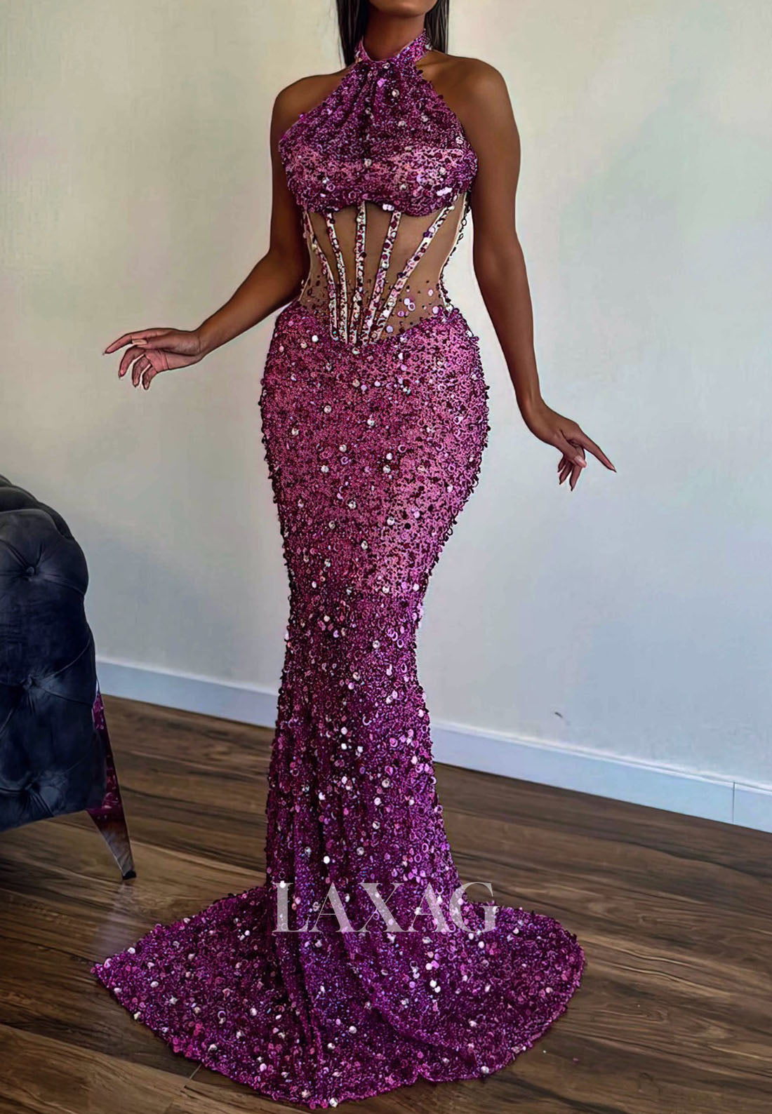 Halter-Neck Fully Sequined Beaded Mermaid Prom Dress Off-Shoulder Sleeveless Party Gowns