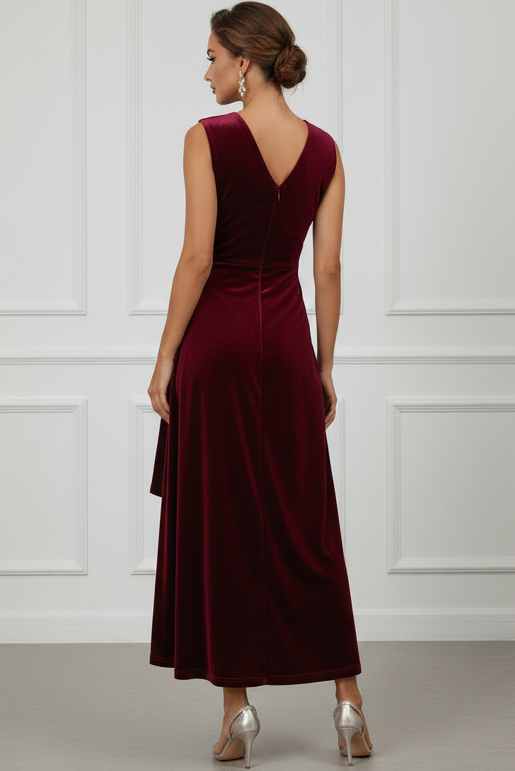 V-Neck Sleeveless Velvet Pleated Ankle-Length A-Line Wedding Guest Dress