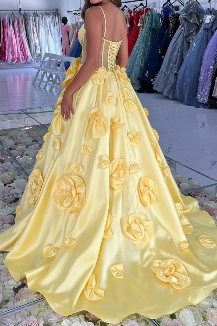 Sweetheart Spaghetti Straps Sleeveless 3D-Floral Satin Pleated A-Line Prom Dress with Train