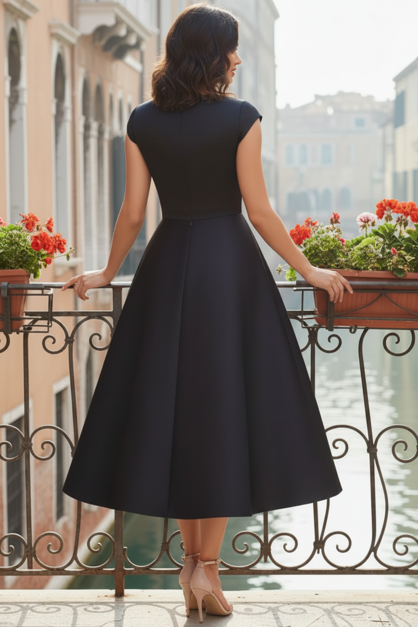Bateau-Neck Cap-Sleeves Print-Satin Pleated Tea-Length A-Line Cocktail Dress
