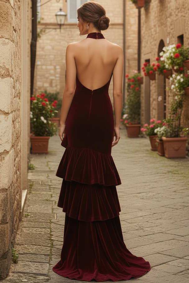 Halter-Neck Sleeveless Floor-Length Velvet Pleated Ruffled Tiered Mermaid Evening Dress