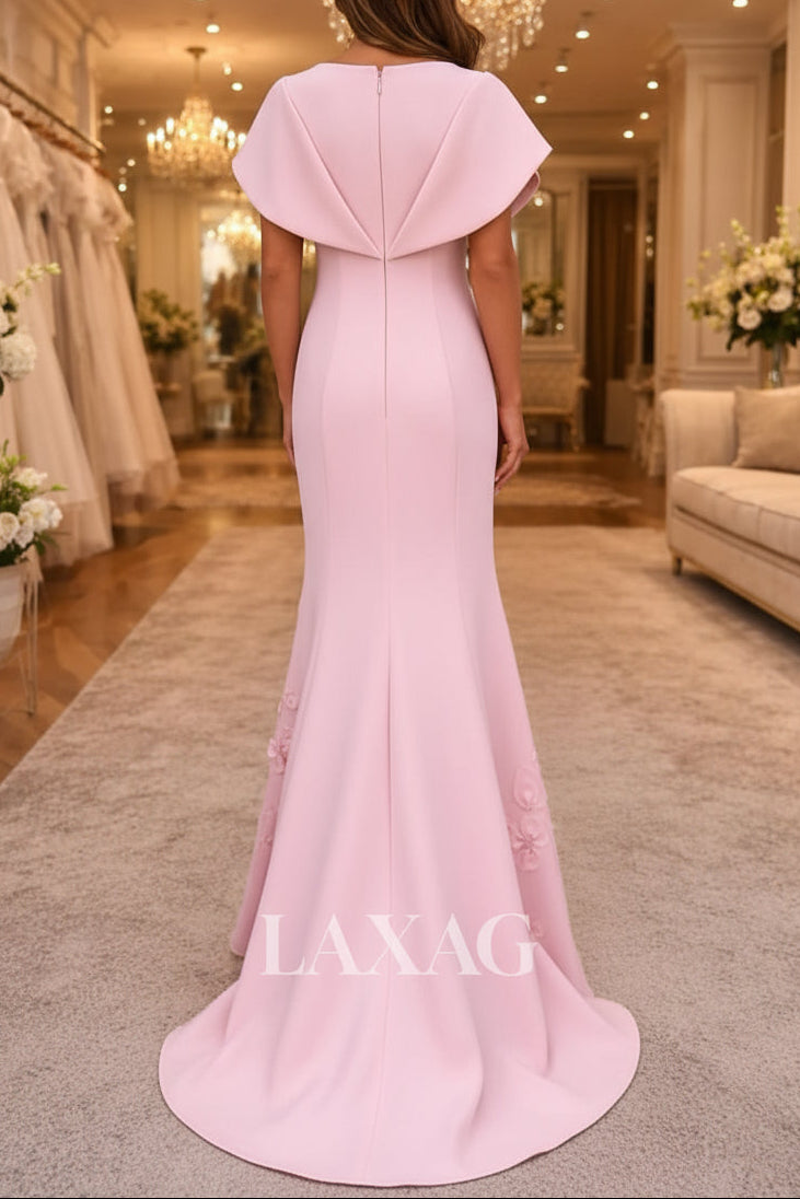 Scoop-Neck Short-Sleeves Floor-Length 3D-Floral Applique Satin Mermaid Evening Dress