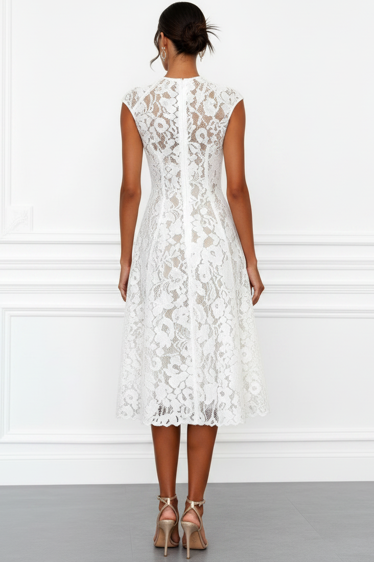 V-Neck Cap-Sleeves Tea-Length Lace Sheer Mermaid Mother of the Bride Dress