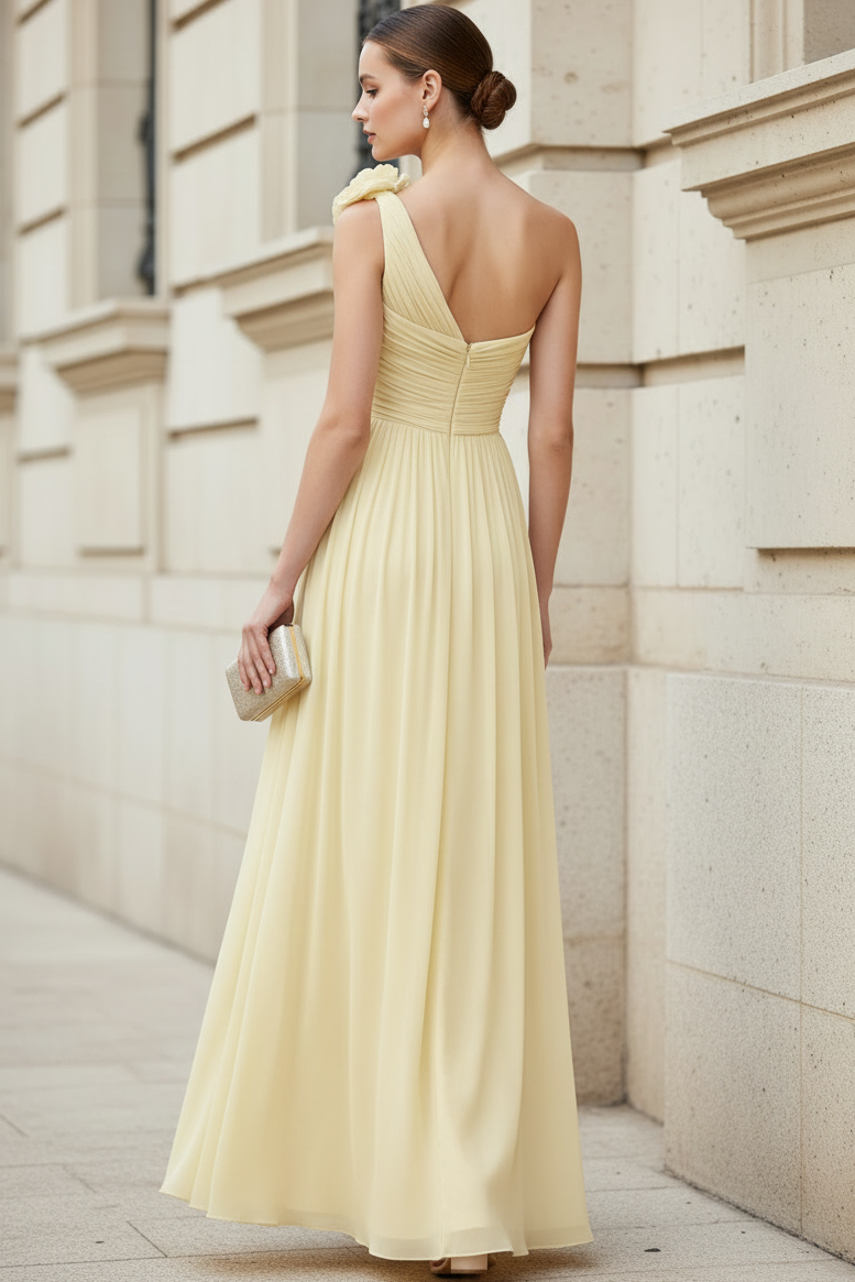 Asymmetrical-Neck Floor-Length 3D-Floral Chiffon Pleated A-Line Wedding Guest Dress