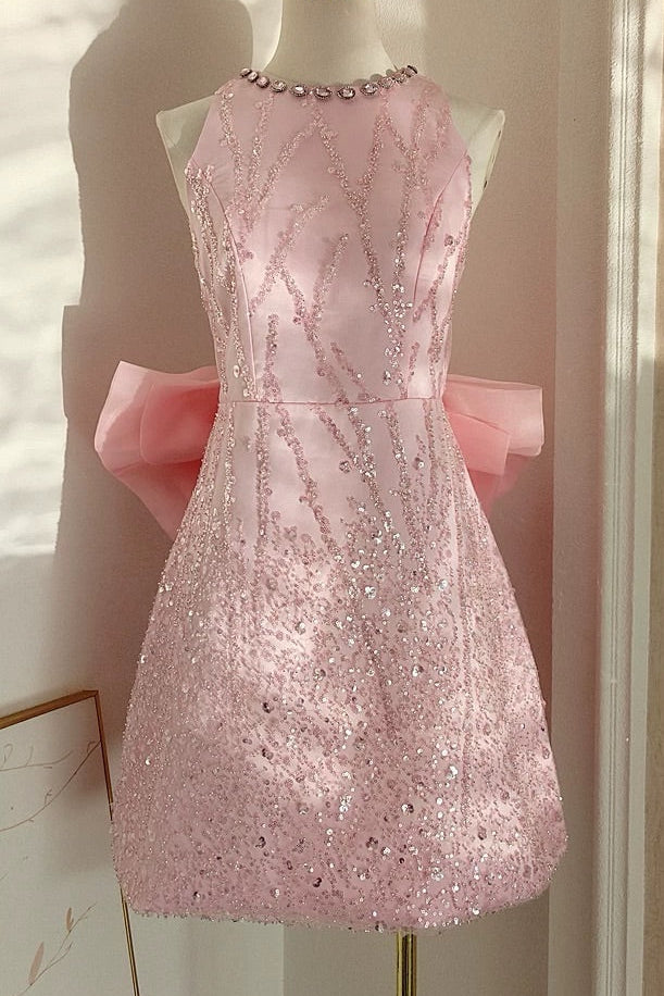 Sequined High Neck Mini Dress with Back Bow