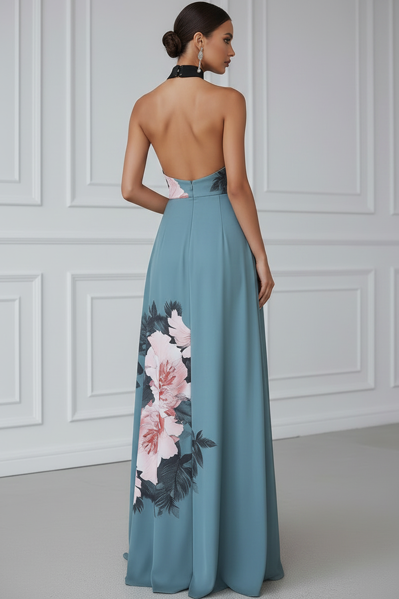 Halter-Neck Floor-Length Print-Satin Pleated A-Line Wedding Guest Dress with High Slit