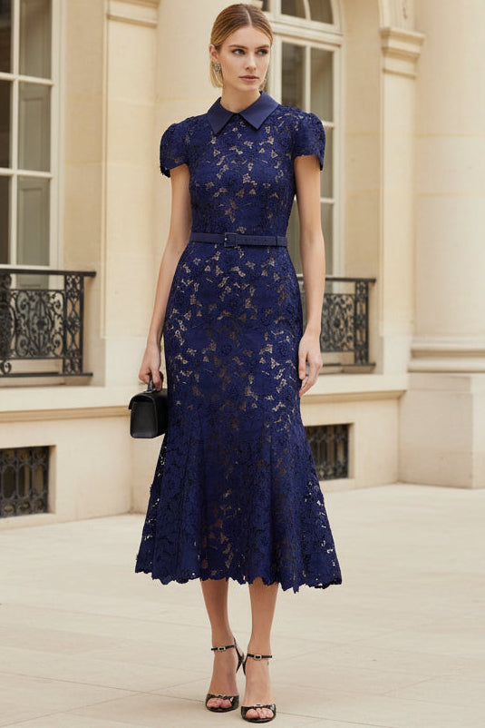 Collared Cap-Sleeves Lace Pleated Tea-Length Mermaid Mother of the Bri –  Laxag