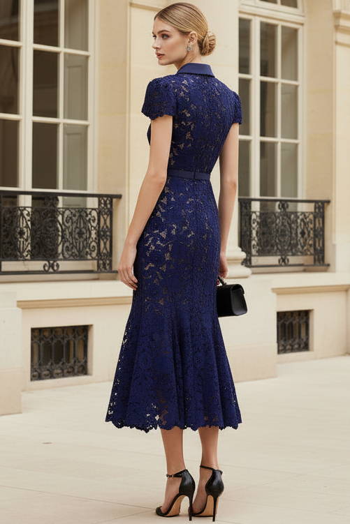 Collared Cap-Sleeves Lace Pleated Tea-Length Mermaid Mother of the Bride Dress