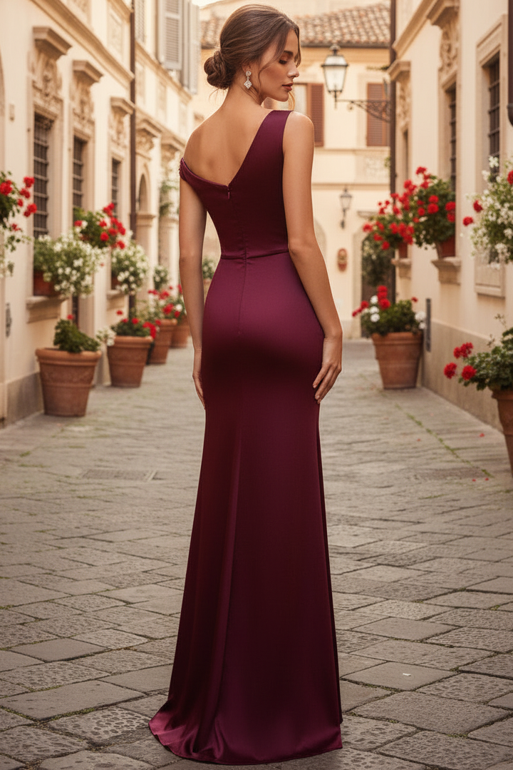 Asymmetrical-Neck Sleeveless Beaded Satin Pleated Floor-Length Mermaid Evening Dress