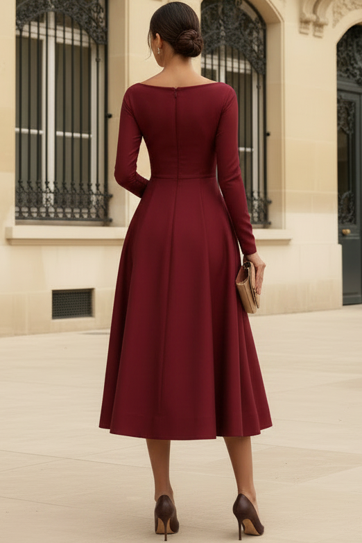 Simple V-Neck Long-Sleeves Satin Pleated Tea-Length A-Line Mother of the Bride Dress