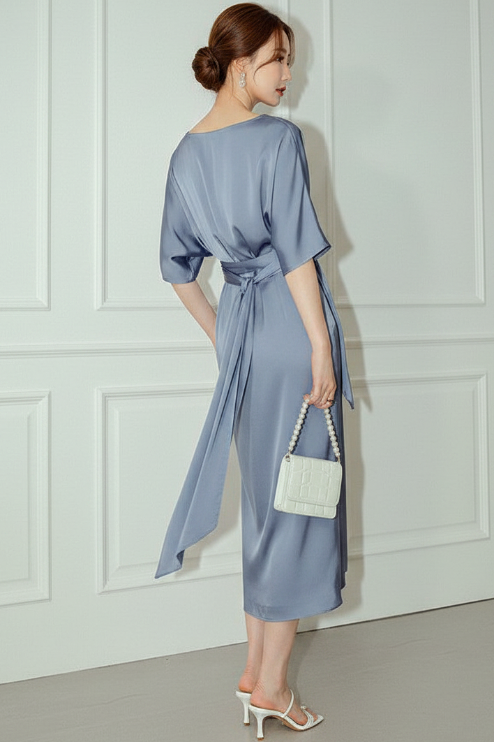 Scoop-Neck Short-Sleeves Satin Pleated Tea-Length Mermaid Wedding Guest Dress
