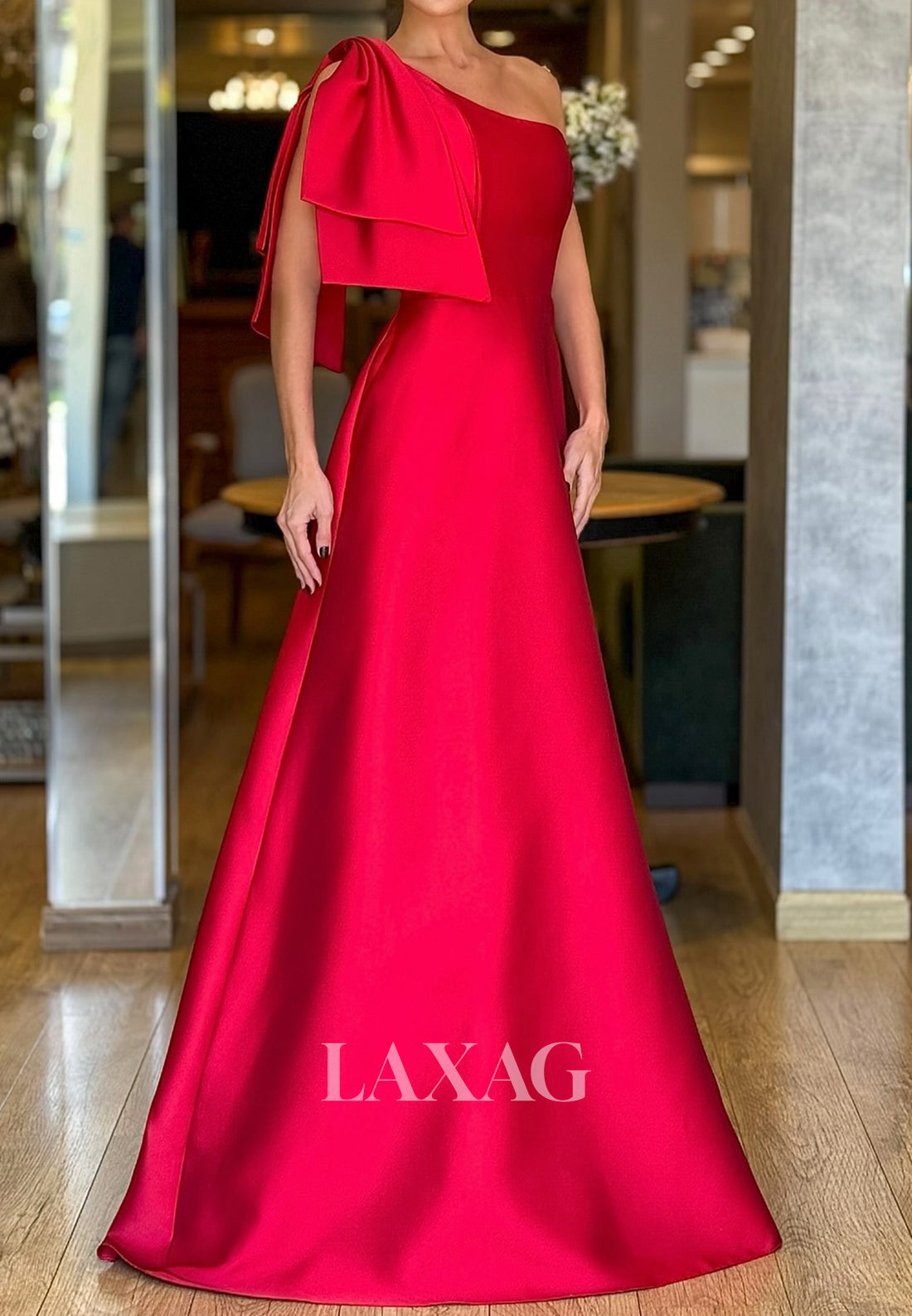 Asymmetrical-Neck Sleeveless Satin A-Line Evening Dress Floor-Length F Laxag Asymmetrical-Neck Sleeveless Satin A-Line Evening Dress Floor-Length F Laxag