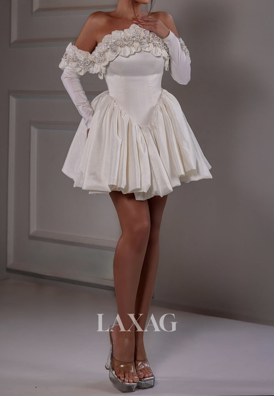Tube Top Long-Sleeves Short A-Line Wedding Dress Floral Embellished Beaded  Pleated Satin Bride Gowns