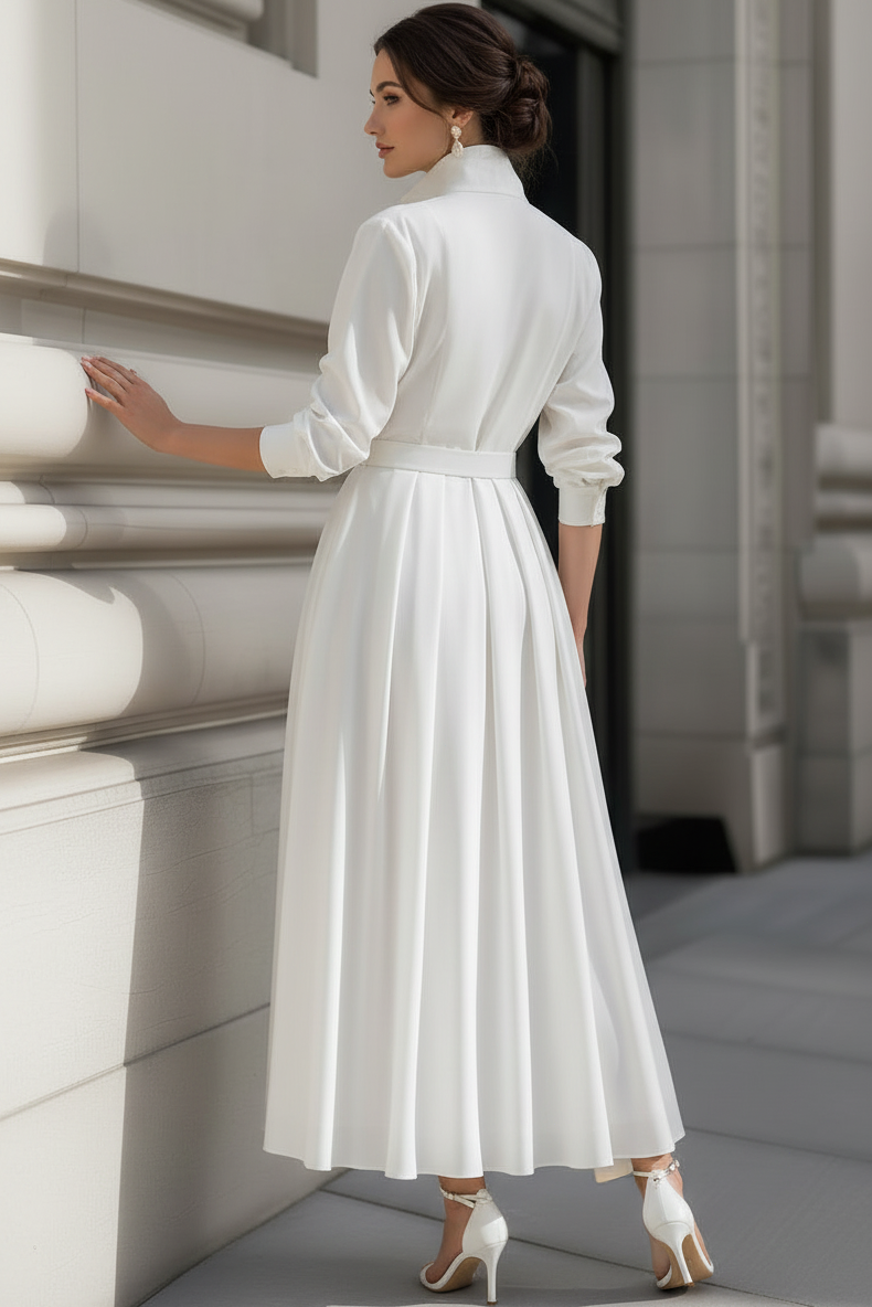 V-Neck Collared Long-Sleeves Ankle-Length Chiffon Pleated A-Line Wedding Guest Dress