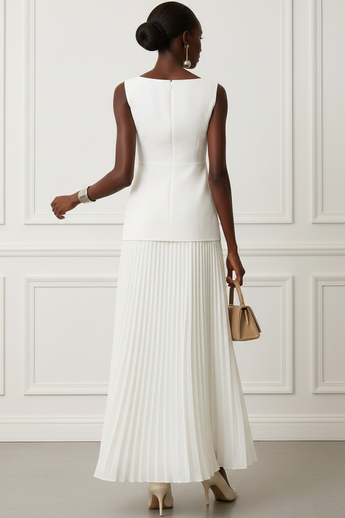 Scoop-Neck Sleeveless Ankle-Length Satin&Chiffon Pleated A-Line Evening Dress