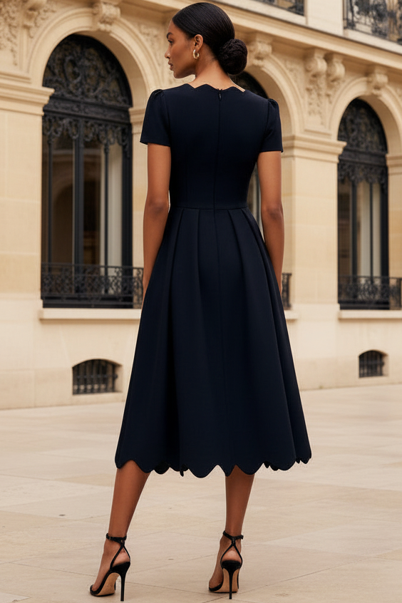 Square-Neck Short-Sleeves Satin Pleated Tea-Length A-Line Mother of the Bride Dress