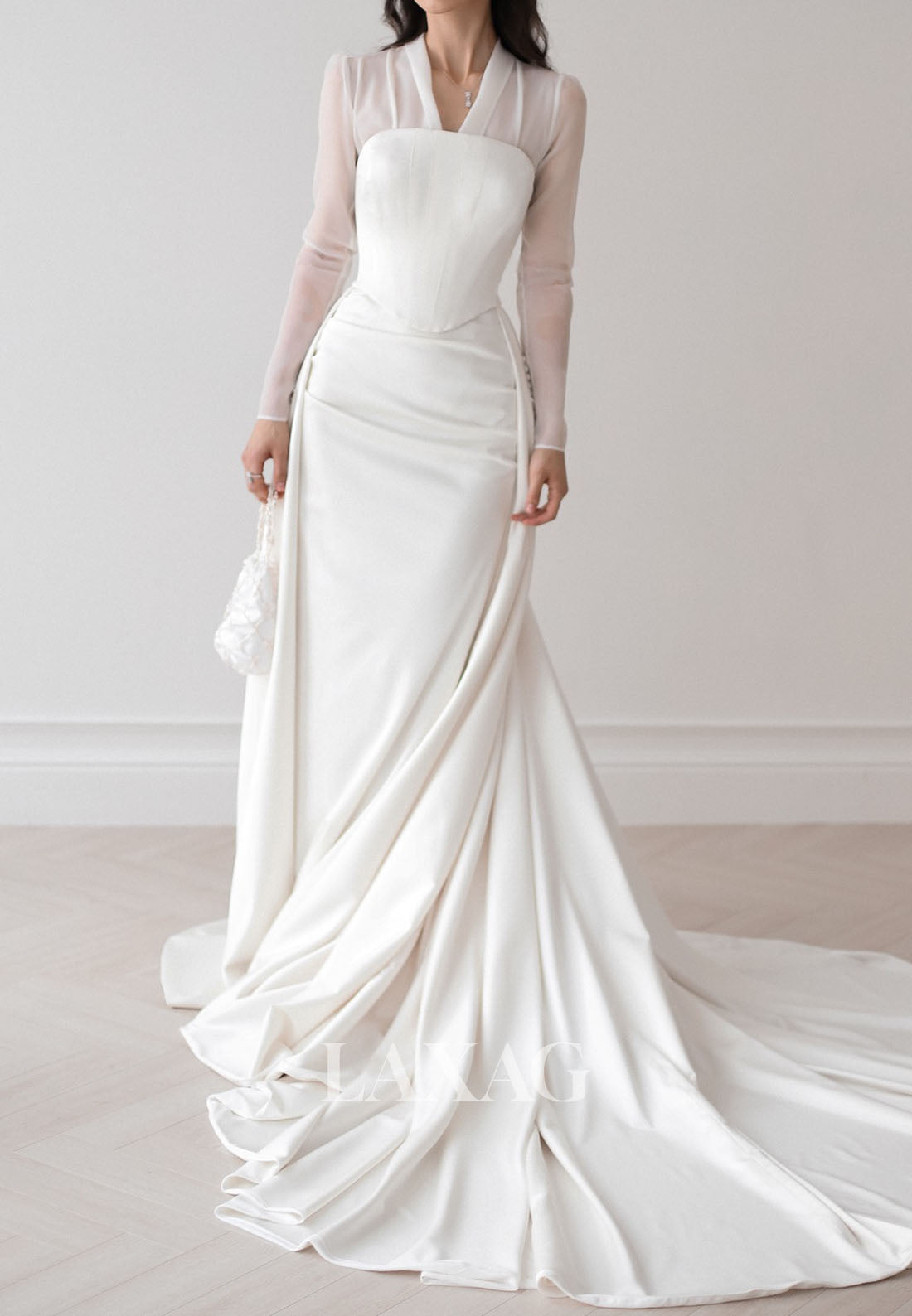 v neck long sleeve mermaid wedding dress V-Neck Long-Sleeves Mermaid Wedding Dress Pleated Satin&Tulle Sweep Tr –  Laxag