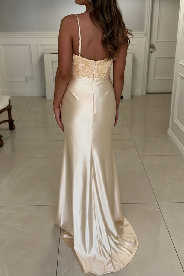 Sweetheart Spaghetti Straps Sequined Applique Satin Pleated Mermaid Prom Dress with Slit