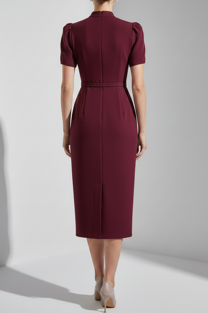 High-Neck Short-Sleeves Satin Pleated Tea-Length Mermaid Wedding Guest Dress