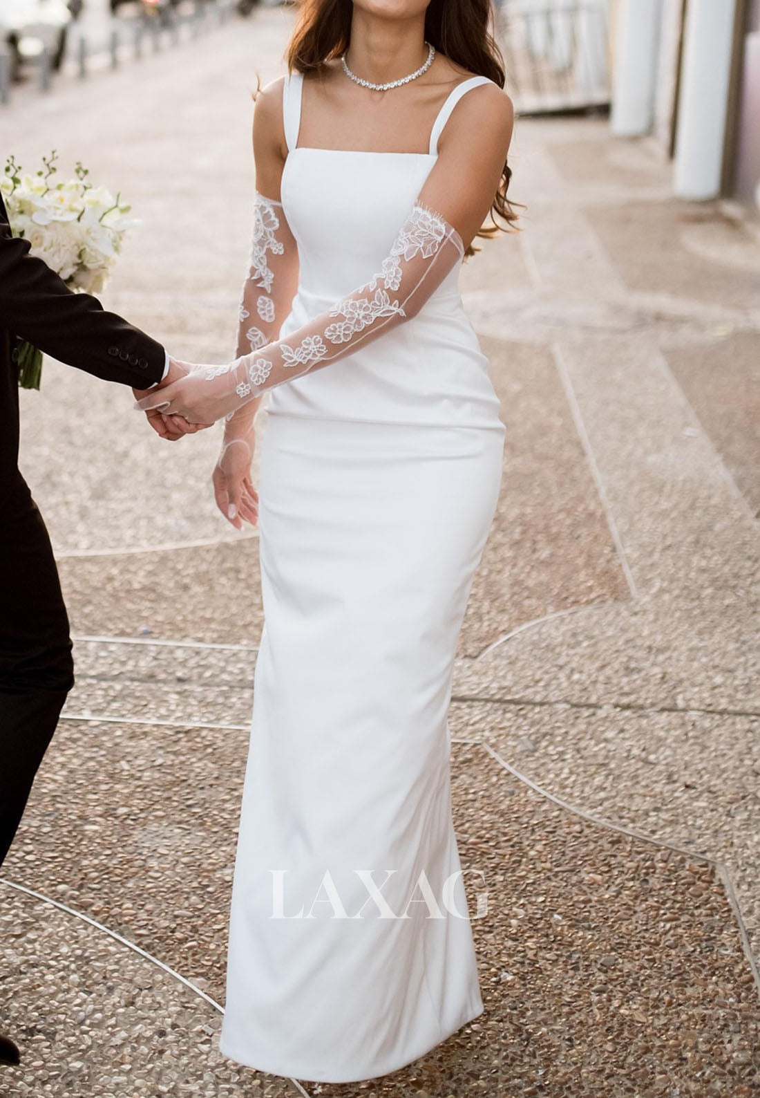 tube top mermaid wedding dress Tube Top Spaghetti Straps Bride Gowns Floor-Length Satin Mermaid Wedding  Dress with Gloves