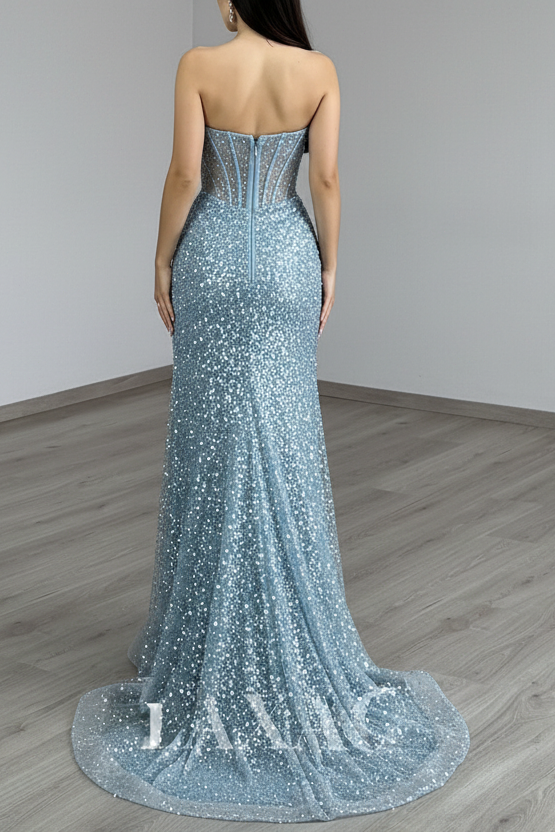 Scoop-Neck Sleeveless Pleated Tulle A-Line Evening Gowns Fully Sequined Beaded High Slit Prom Dress