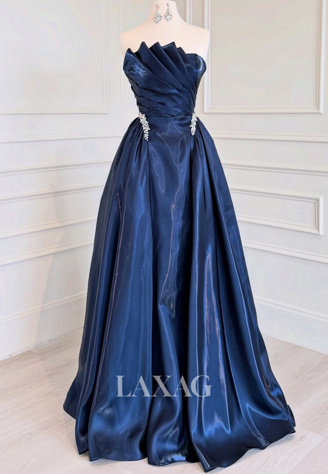 Tube Top Off-Shoulder Sleeveless Floor-Length Beaded Satin Pleated A-Line Prom Dress
