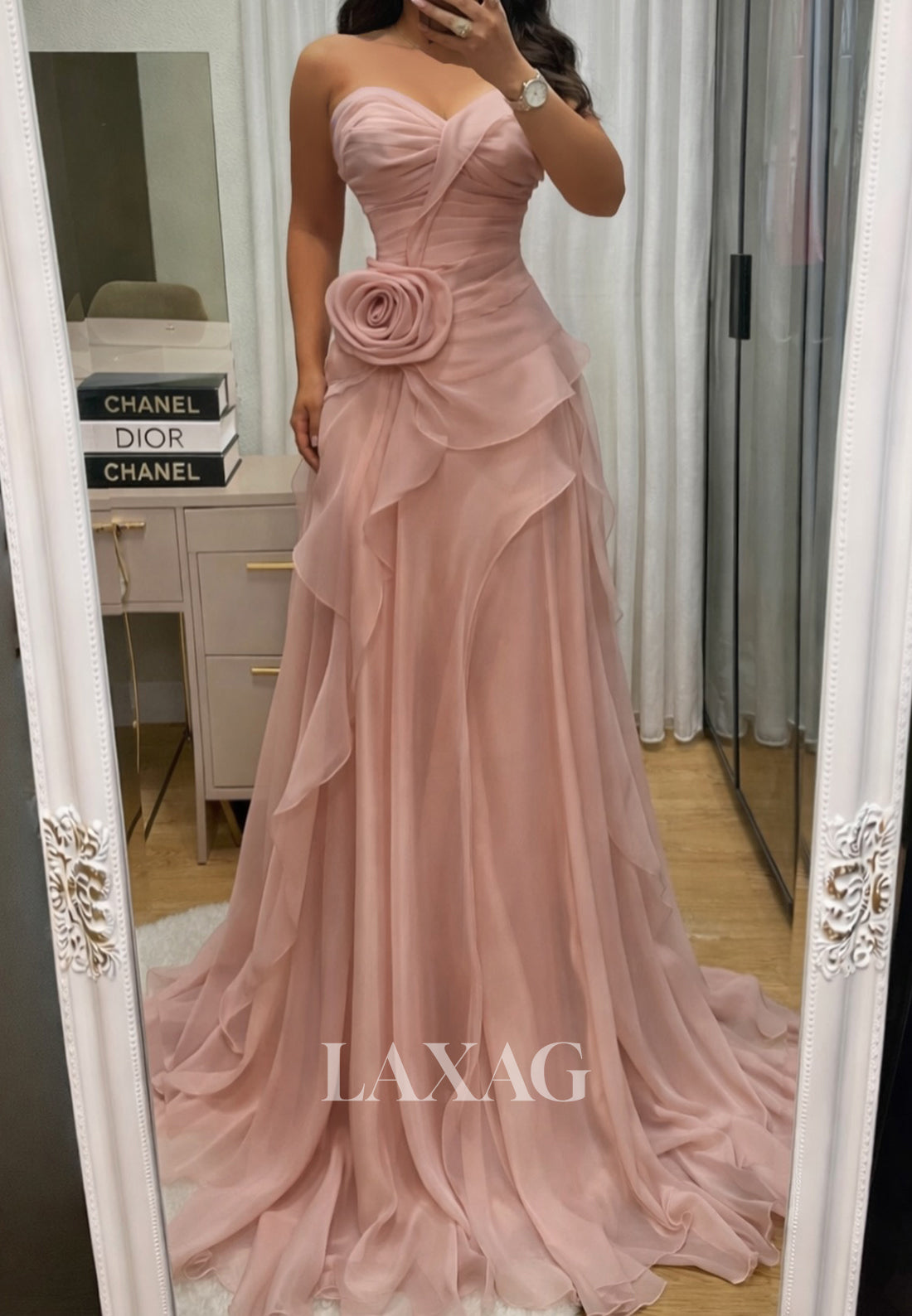 Sweetheart Off-Shoulder Sleeveless 3D-Floral Chiffon Pleated Ruffled A-Line Party Prom Dress