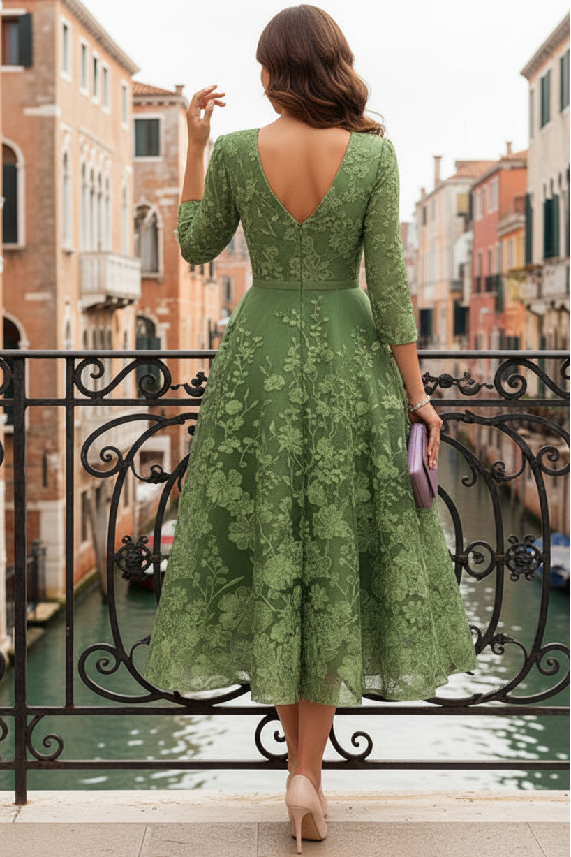 V-Neck 3/4-Sleeves 3D-Floral Applique Tulle Pleated Tea-Length A-Line Cocktail Dress