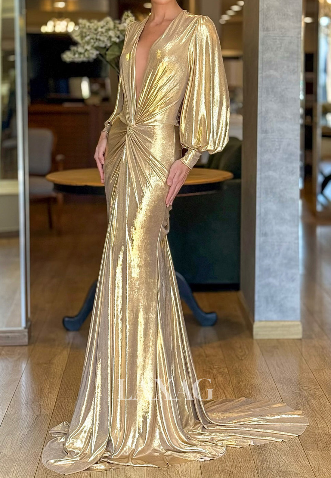 Deep V-Neck Long-Sleeves Formal Gowns Pleated Metallic-Satin Mermaid E Laxag Deep V-Neck Long-Sleeves Formal Gowns Pleated Metallic-Satin Mermaid E Laxag