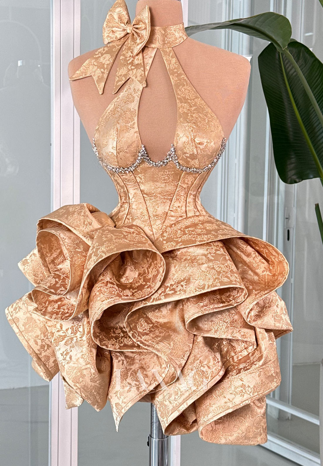 Halter-Neck Sleeveless Beaded Embroidered Satin Tiered A-Line Party Homecoming Dress with Bow