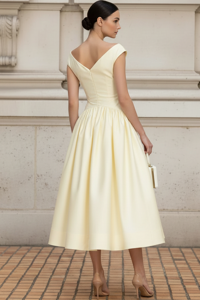 V-Neck Sleeveless Satin Pleated Tea-Length Simple A-Line Wedding Guest Dress
