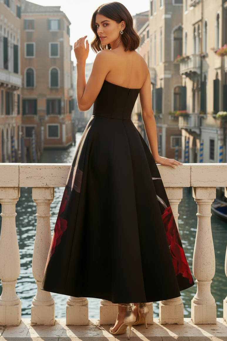 Tube Top Off-Shoulder Sleeveless Print-Satin Pleated Ankle-Length A-Line Cocktail Dress