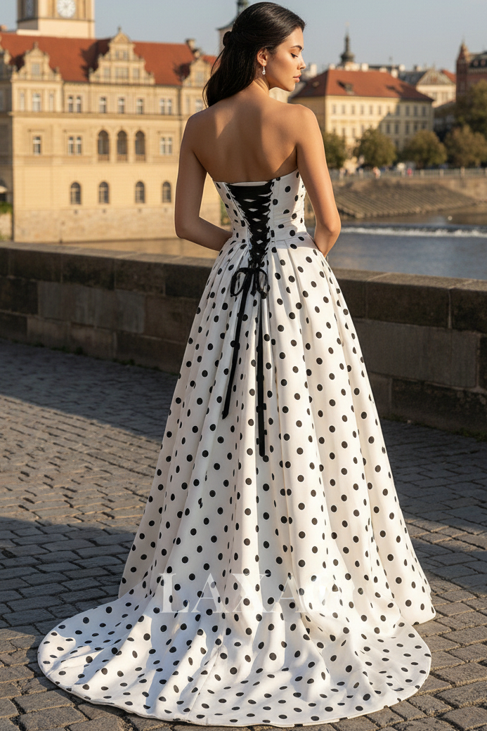 Sweetheart Off-Shoulder Sleeveless Polka Dot Satin Pleated Cutout A-Line Prom Dress with Bows