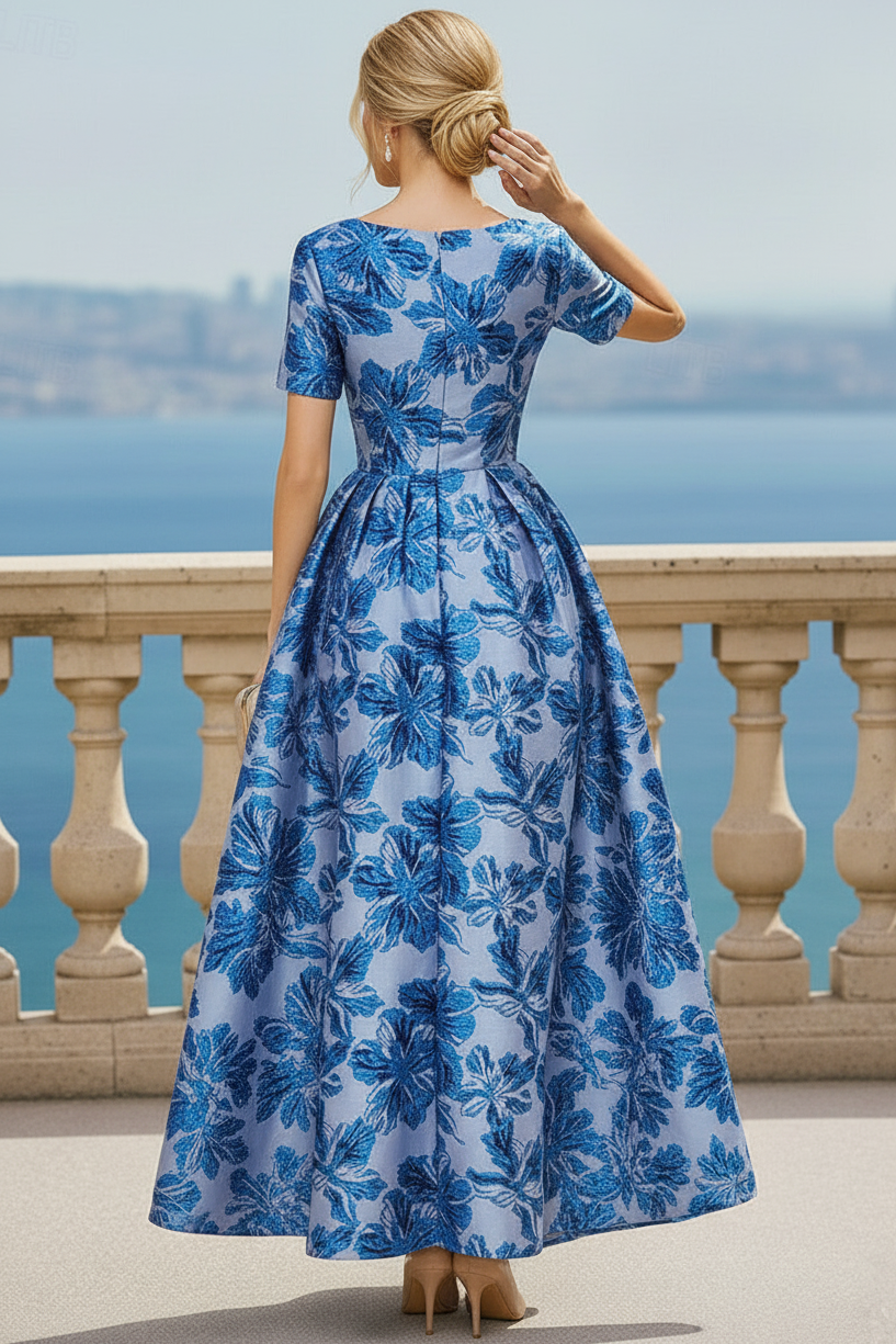 Scoop-Neck Short-Sleeves Jacquard Satin Pleated Ankle-Length A-Line Cocktail Dress