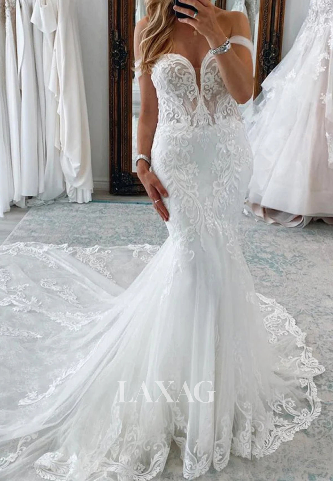 Sweetheart Off-Shoulder Sleeveless Bride Gowns Lace Applique Sweep Train  Tulle Mermaid Wedding Dress