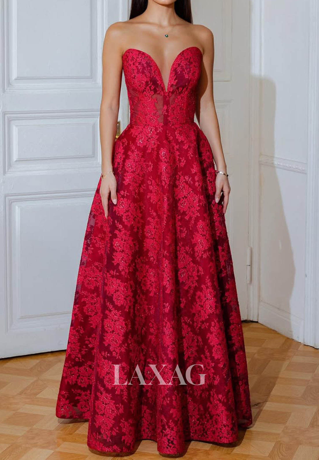 Deep V-Neck Off-Shoulder Floor-Length A-Line Prom Dress Sleeveless App –  Laxag