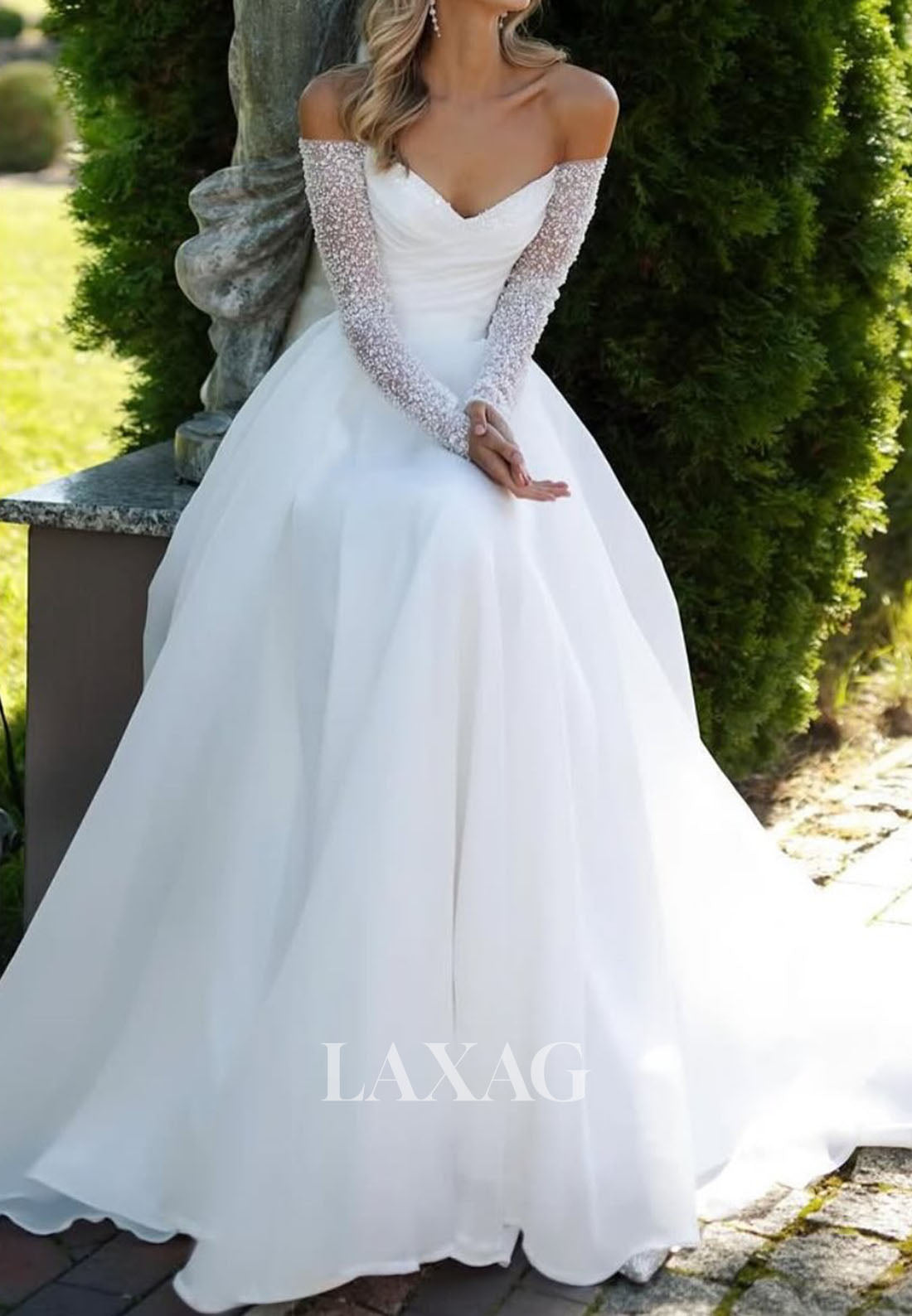 V-NecK Long-Sleeves Pleated Chiffon A-Line Wedding Dress Off-Shoulder   Laxag