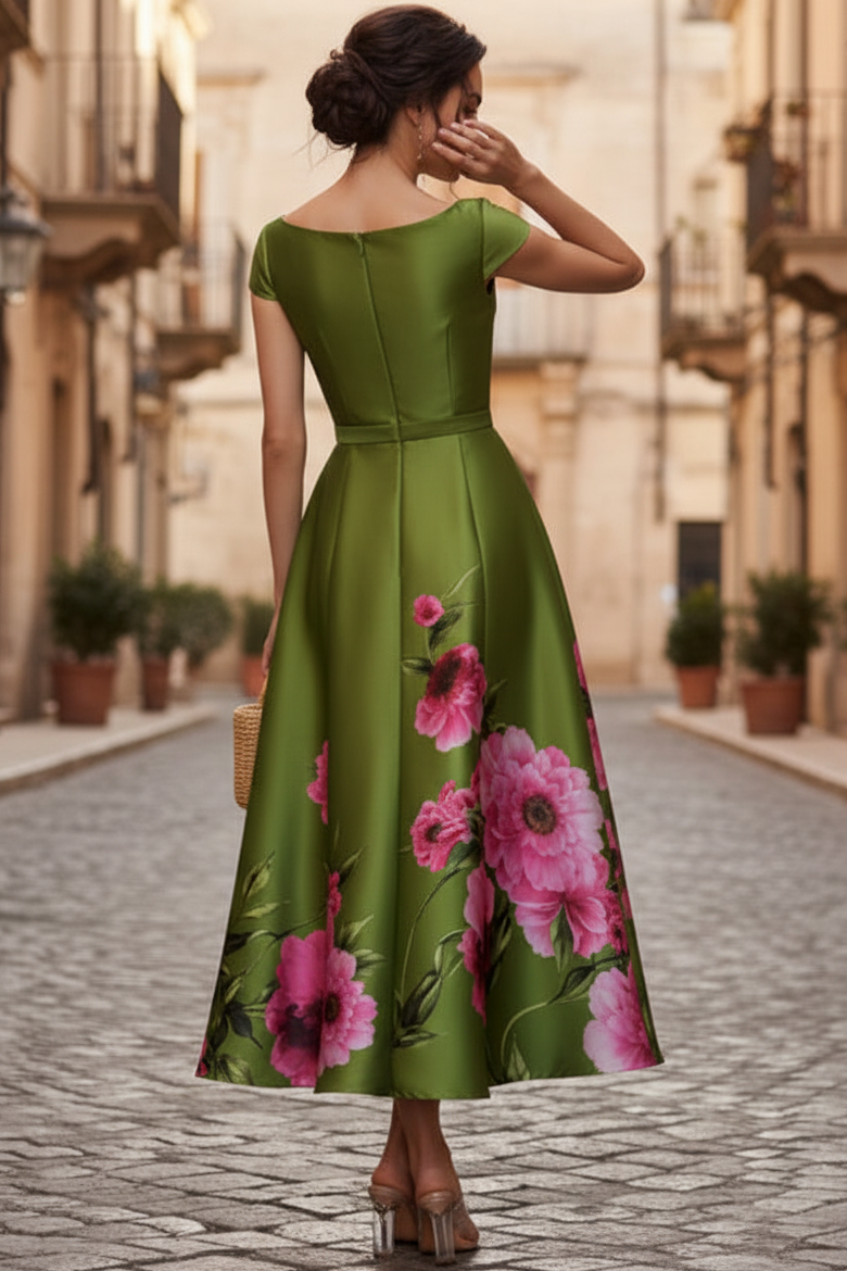 Bateau-Neck Cap-Sleeves Print-Satin Pleated Tea-Length A-Line Mother of the Bride Dress