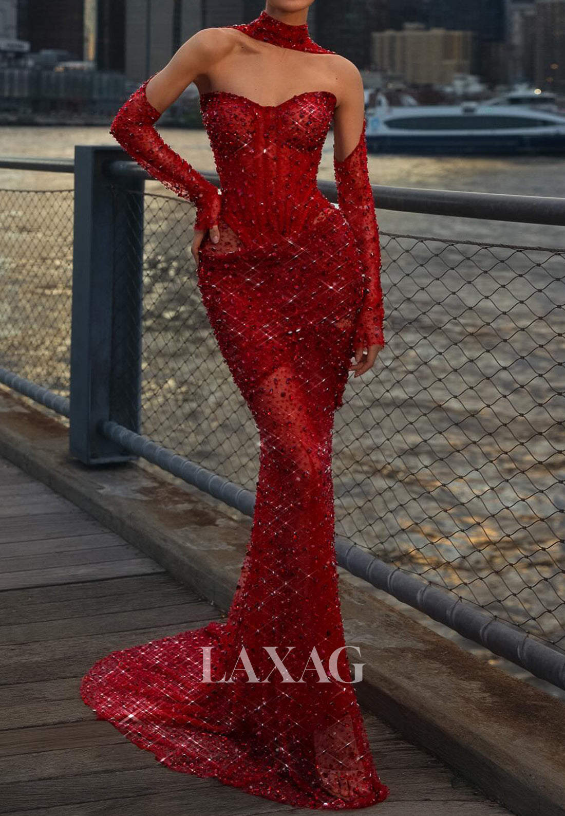 Sweetheart Long-Sleeves Mermaid Prom Dress Fully Beaded Rhinestone Sweep Train Evening Gowns Sweetheart Long-Sleeves Mermaid Prom Dress Fully Beaded Rhinestone Sweep Train Evening Gowns