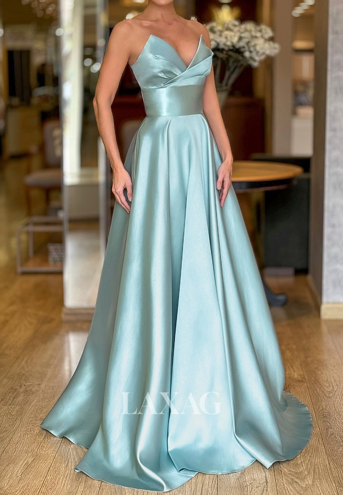 Off-Shoulder Pleated Satin Floor-Length Formal Gowns Sweetheart Sleeveless A-Line Evening Dress