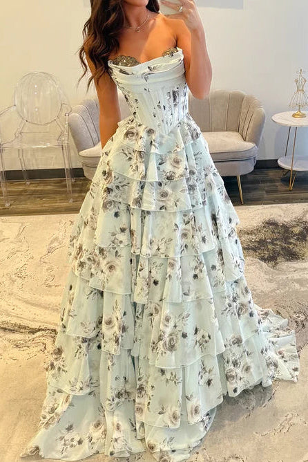 Sweetheart Floor-Length Beaded Print-Chiffon Pleated Tiered A-Line Party Prom Dress